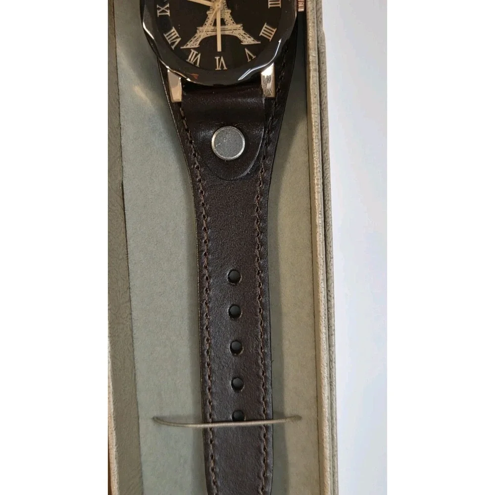 Vintage Dark Brown Leather-Look Eiffel‎ Tower Casual Wrist Watch